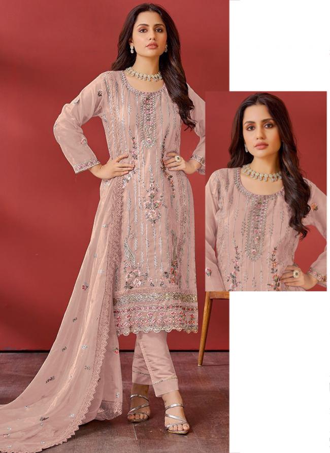 Organza Peach Eid Wear Embroidery Work Pakistani Suit